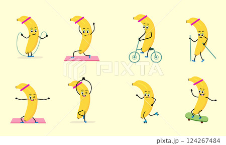 Cute Banana character. sport - cycling, Skipping rope, scooter, skateboard. Cute Banana character. sport - cycling, Skipping rope, scooter, skateboard. 124267484
