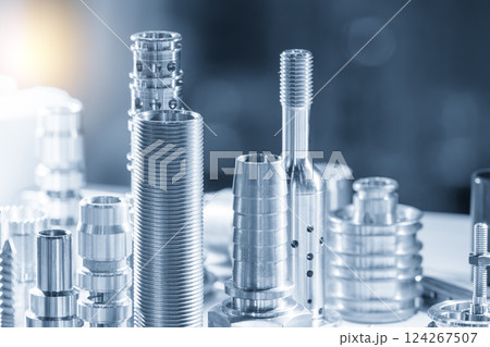 Close up scene the set of pipe connector parts for mold and die in the light blue scene. 124267507