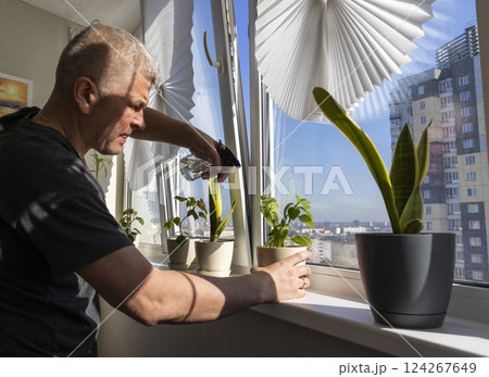 Man spraying indoor plants on the windowsill Man spraying indoor plants on the windowsill 124267649
