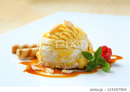 Ice cream with caramel sauce 124267904