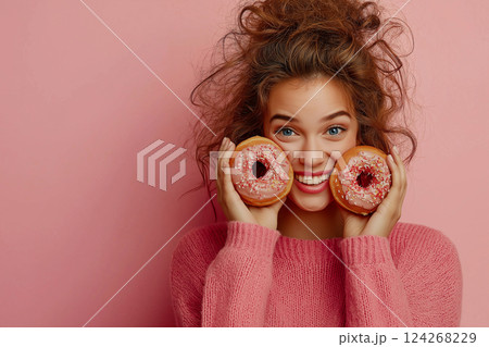 Happy woman holding colorful donuts playfully against her face, like a glasses. Donut binoculars. Diet, sweets, sugar free dessert concept, dieting, junk food, slimming, weight loss 124268229