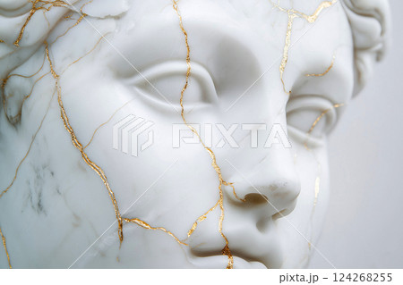 Close-up of a white sculpture head marked with golden cracks signifying aesthetic repair. Gold-decorated cracks symbolizing resilience and beauty. Kintsugi, Japanese art, beauty and selfcare concept 124268255