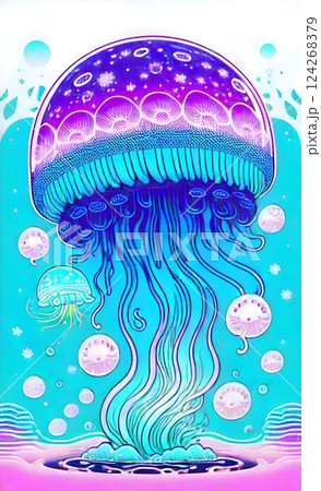a jellyfish with a blue background and bubbles on it's head, 124268379