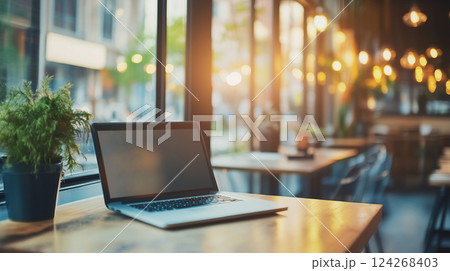 Cozy Workspace in Sunlit Cafe with Laptop 124268403