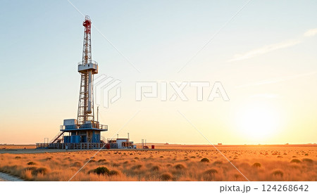 夕陽を浴びる石油掘削機　ランドマン　 [AI生成画像] 124268642