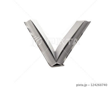 Book open, pages in v shape, flipping on white background. Hardcover, minimalist design symbolizing Book open, pages in v shape, flipping on white background. Hardcover, minimalist design symbolizing 124268740