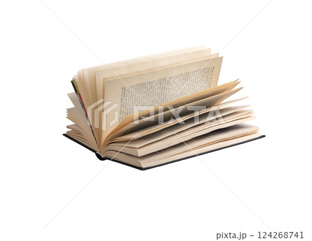 Book open, flipping pages. Aged, worn hardcover on white background, cataloging historical Book open, flipping pages. Aged, worn hardcover on white background, cataloging historical 124268741