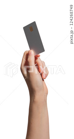 A young woman holding a blank credit or debit card in a horizontal position. Concept of cashless A young woman holding a blank credit or debit card in a horizontal position. Concept of cashless 124268749