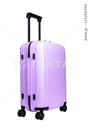 Violet suitcase with wheels and handle, stylish travel luggage for vacation, business trip, and Violet suitcase with wheels and handle, stylish travel luggage for vacation, business trip, and 124268769