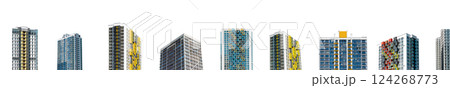 Set of modern high-rise buildings, residential and commercial architecture, real estate investment, 124268773