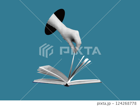 Open book, hand turning blank pages, literature and education concept. Reader holding paper sheet, Open book, hand turning blank pages, literature and education concept. Reader holding paper sheet, 124268778