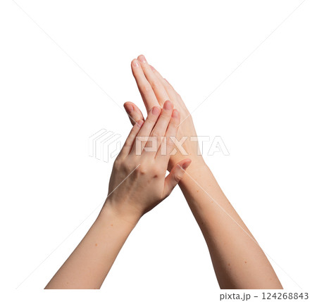 Hand with short, neat nails, demonstrating natural manicure care. Shiny, polished, and hygienic 124268843