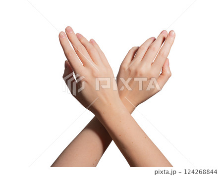 Hand with neatly groomed short nails crossing fingers in an elegant gesture. Glossy, soft skin with Hand with neatly groomed short nails crossing fingers in an elegant gesture. Glossy, soft skin with 124268844