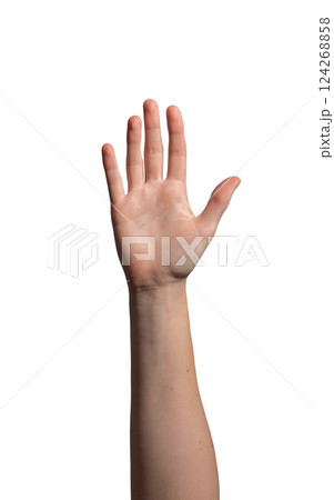 Hand raised with an open palm, symbolizing greeting, stop, or high-five gesture. Fingers extended in Hand raised with an open palm, symbolizing greeting, stop, or high-five gesture. Fingers extended in 124268858