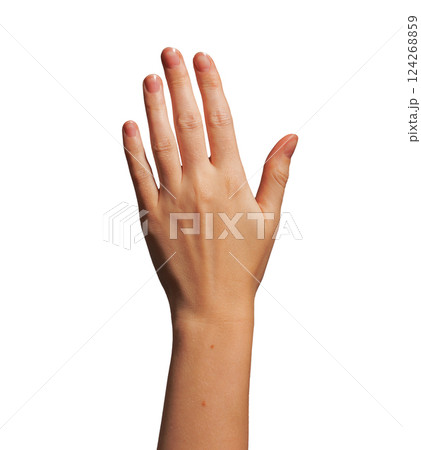 Hand raised in greeting, fingers open, waving with suntan visible on wrist and arm. Sign of 124268859