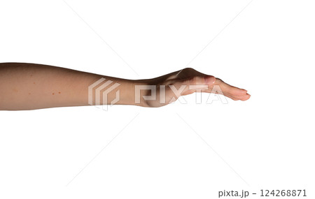 Hand in a cupped shape with fingers gently curled, symbolizing care, covering, or holding. Natural 124268871
