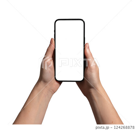 Hand holding a smartphone with a blank screen, ideal for advertising, promotion, and mockup. 124268878