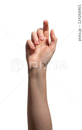 Female hand with an outstretched index finger making a tapping or selecting gesture. Slightly curved 124268901
