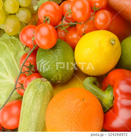 fresh ripe fruits and vegetables. Food concept background. 124268972