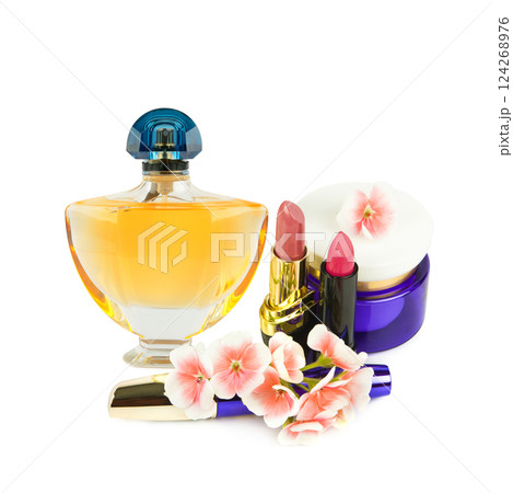 Lipstick, face cream, mascara and Luxury perfume in bottles isolated on white background. Collage. Lipstick, face cream, mascara and Luxury perfume in bottles isolated on white background. Collage. 124268976