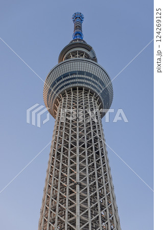Tokyo Skytree captured from below with blue evening lights Tokyo Skytree captured from below with blue evening lights 124269125