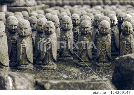 Close-up of small Jizo figures at Hase-dera temple in Kamakura Close-up of small Jizo figures at Hase-dera temple in Kamakura 124269147