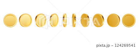 Gold coin turn around. Realistic 3D golden coins in different position, sprite sheets for game or app animation. Bingo jackpot casino poker win gambling elements. Vector set 124269541