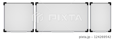 White boards. 3d realistic school or business office demonstration white board in various size. Blank empty magnetic board, information display vector mockups 124269542