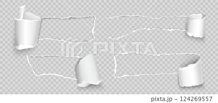 Torn paper with rolled edge. Realistic ripped and folded strips, pieces of notepad with space for text. Paper scraps with curled element. Page with rip and torn holes. Vector set 124269557