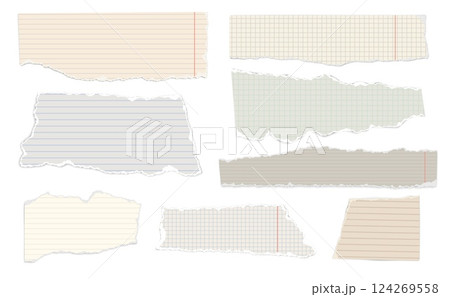 Ripped note paper. Scraps of lined and squared notebook papers. Realistic pieces with torn edges for notes and scrapbook collage. Torned memo templates. Vector isolated set 124269558