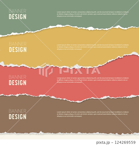 Torn paper banners. Color ripped paper strips, horizontal shreds of notebook pages. Four step infographics with torn sheets. Scraps with ripped edges. Vector banner template 124269559