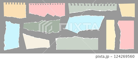 Torn note paper. Notebook sheets with ripped edges, blank color torn paper pieces for scrapbook collage. Templates for note message and information board. Vector isolated set 124269560