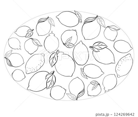 Yellow lemon with leaves oval composition. Vector graphic line ink black and white illustration on transparent background. Banner, poster, logo, sticker, print, modern textile design. 124269642