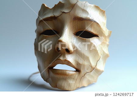 This wooden mask features a captivating face with crack-like textures, emphasizing the artist's skill in capturing emotion and natural aesthetics, perfect for decor Generative AI 124269717