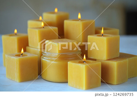 A collection of beeswax candles in various sizes radiates a warm glow in a bright room, creating a soothing and inviting ambiance for relaxation or meditation Generative AI 124269735
