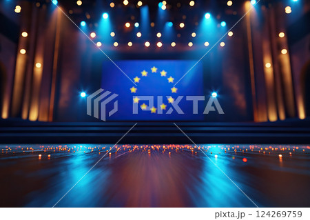 Wooden display platform with blurred background of eu flag in the background. Generated by artificial intelligence 124269759