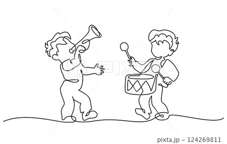 Little boys play with drum and trumpet. Kids music band. Continuous one line drawing 124269811
