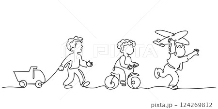 Happy boys playing toy airplane, bicycle, truck. Continuous one line drawing. 124269812
