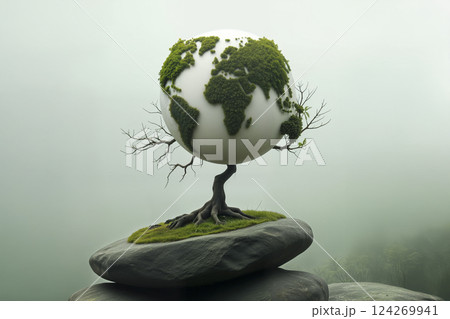 Bonsai tree holding Earth-shaped foliage on mossy rock, zen eco concept. AI generated 124269941
