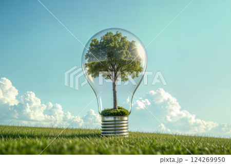 Tree growing inside glass lightbulb on grass, symbol of renewable energy and eco innovation. AI generated Tree growing inside glass lightbulb on grass, symbol of renewable energy and eco innovation. AI generated 124269950