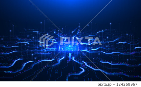 Abstract technology chip processor blue technology background circuit board and html code, 3D illustration vector background. Abstract technology chip processor blue technology background circuit board and html code, 3D illustration vector background. 124269967