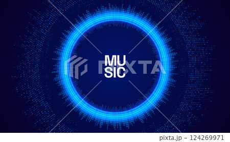 Circle sound wave visualisation. Pixel music player equaliser. Voice recognition. Radial audio signal or vibration element. Epicentre, target, radar, radio icon concept. 124269971