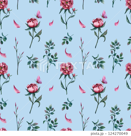 Spring seamless pattern with pink peony bud, leaves, dragonfly and butterfly. Watercolor illustration on the soft blue background. Hand drawn ornament for packaging, postcard, textile and stationery 124270049