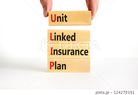 ULIP Unit Linked Insurance Plan symbol. Concept word ULIP Unit Linked Insurance Plan on beautiful blocks. Beautiful white background. Business ULIP Unit Linked Insurance Plan concept. Copy space. 124270191