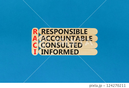 RACI symbol. Concept word RACI Responsible Accountable Consulted Informed on wooden sticks. Beautiful blue background. Business motivational RACI Responsible Accountable Consulted Informed concept. 124270211
