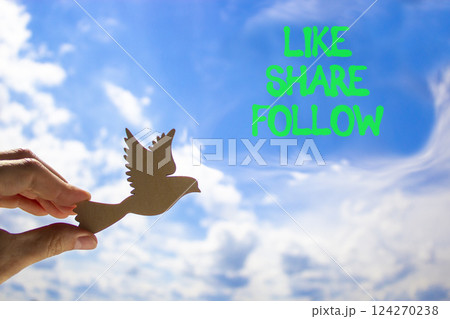 Like share follow symbol. Concept words Like Share Follow on beautiful blue sky. Beautiful blue sky and clouds background. Businessman hand. Wooden bird. Business like share follow concept. Copy space 124270238