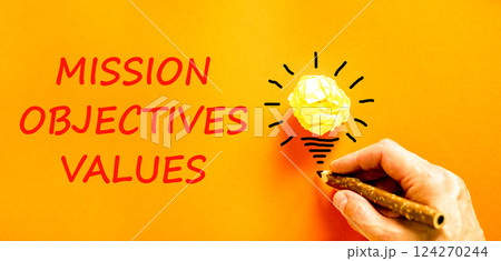Mission objectives values symbol. Concept words Mission Objectives Values on orange paper. Beautiful orange background. Businessman hand. Business mission objectives values concept. Copy space 124270244
