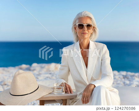 Banner with elegant elderly woman in white summer suit, age and confident beauty of natural aging, natural aging and active old age silver age concept 124270386