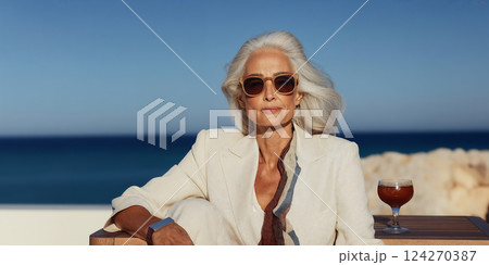 Confident older woman with long white hair relaxing in hotel rooftop restaurant, beauty and poise, expressing inner strength and elegance, natural aging and active old age silver age concept 124270387