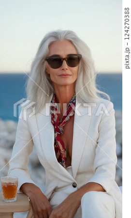 Vertical portrait of elderly woman in white suit enjoying summer day by the sea, travel and active leisure concept in old age, natural aging and active old age silver age concept 124270388